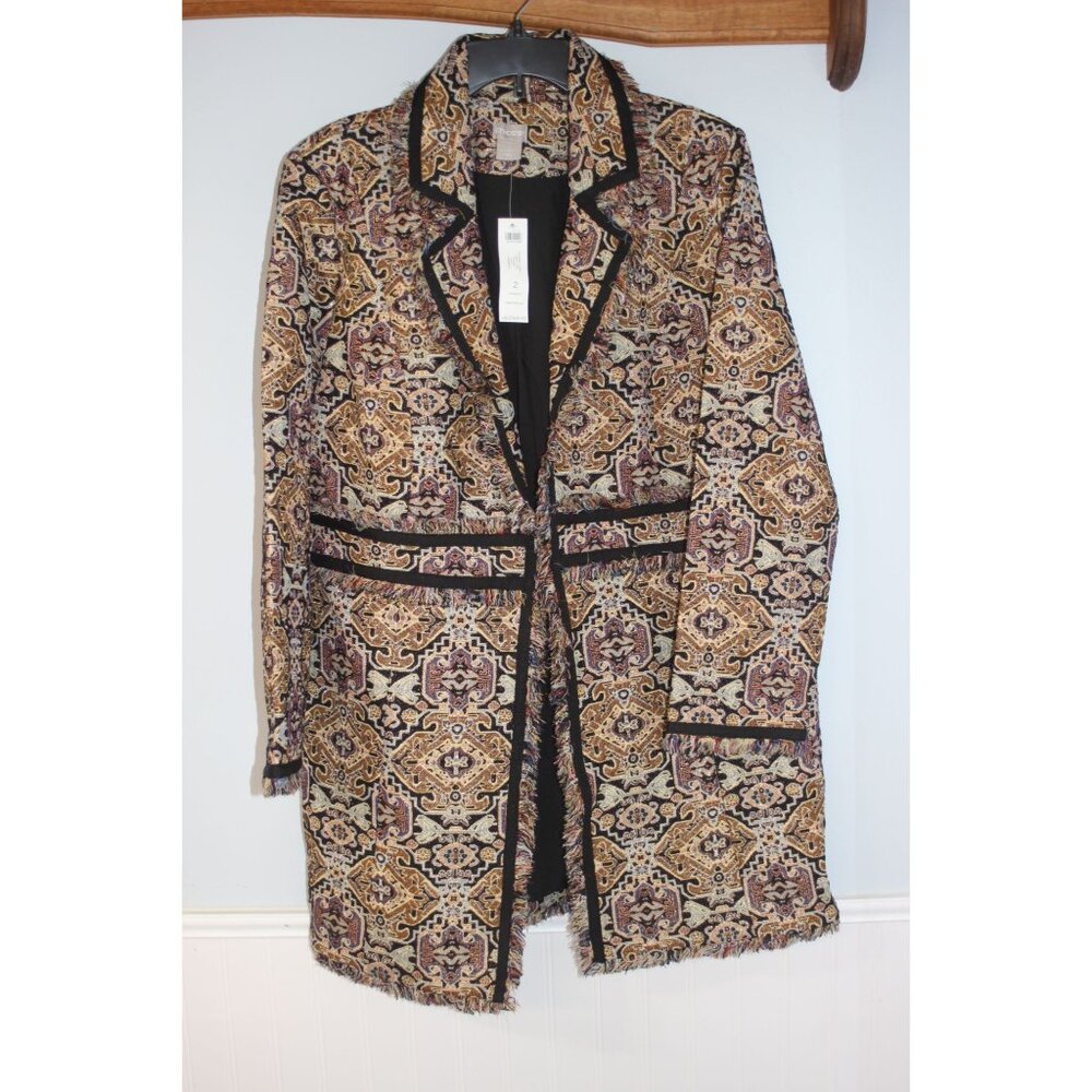 Chicos Jacquard Tapestry Long Jacket Size 2 Black/Gold Multicolor Fringe  NWT